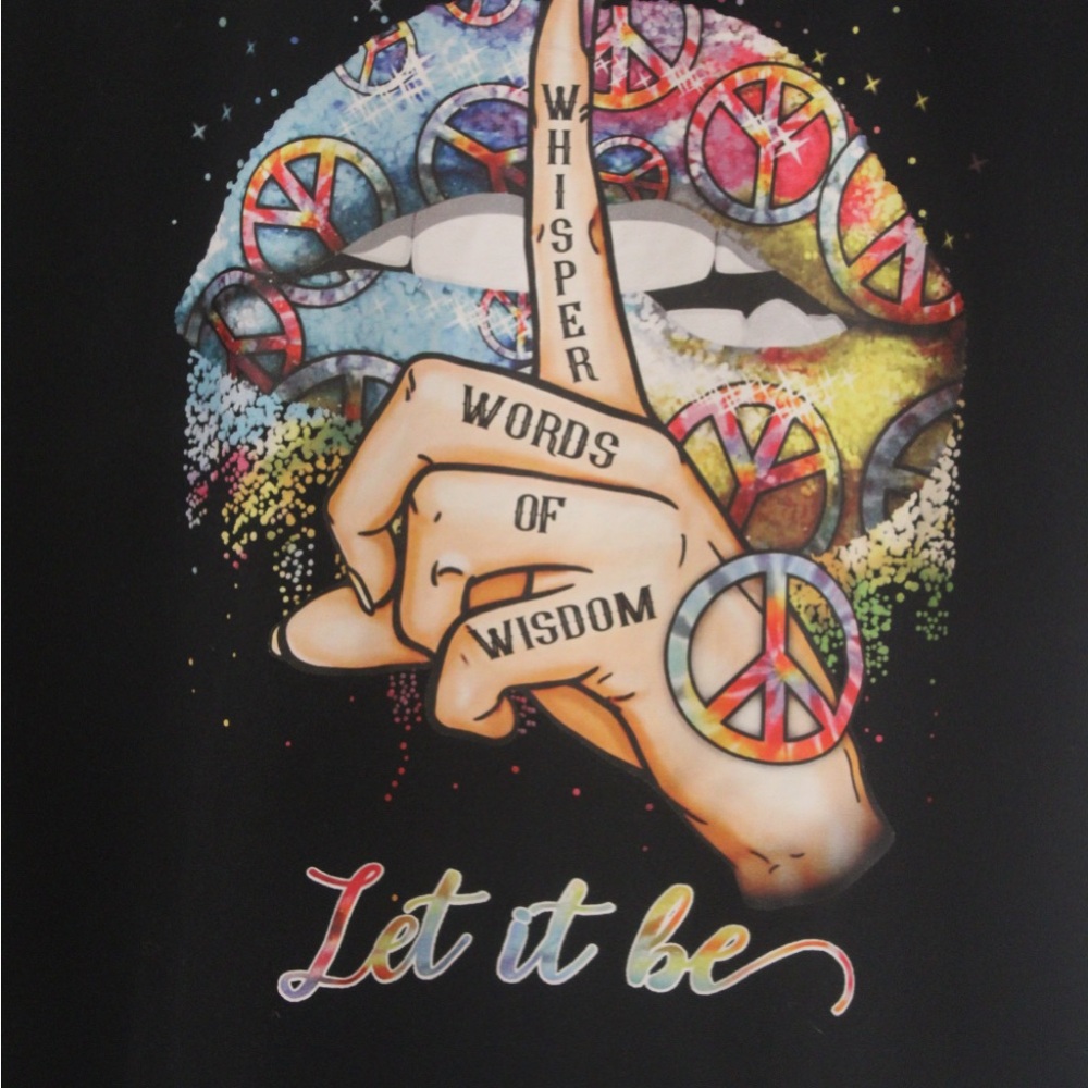 Womens NEW XL black fitted babydoll shirt w/ Whisper Words of Wisdom & Let it be